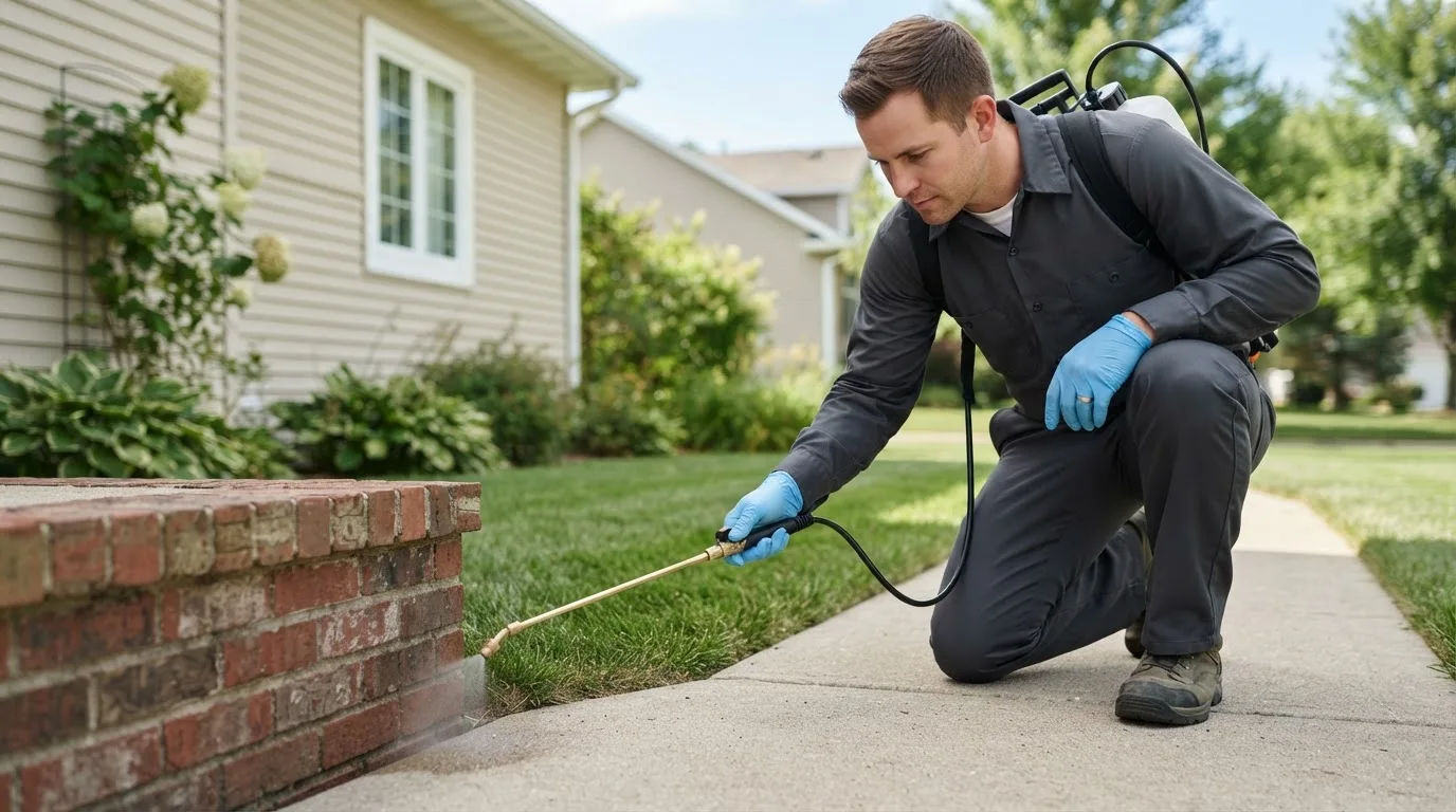 Pest control technician treating a home near North Bridgton, ME