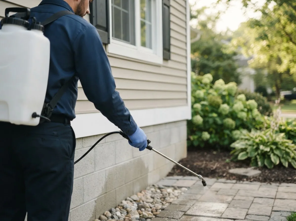 Pest control technician inspecting a home in North Bridgton, ME
